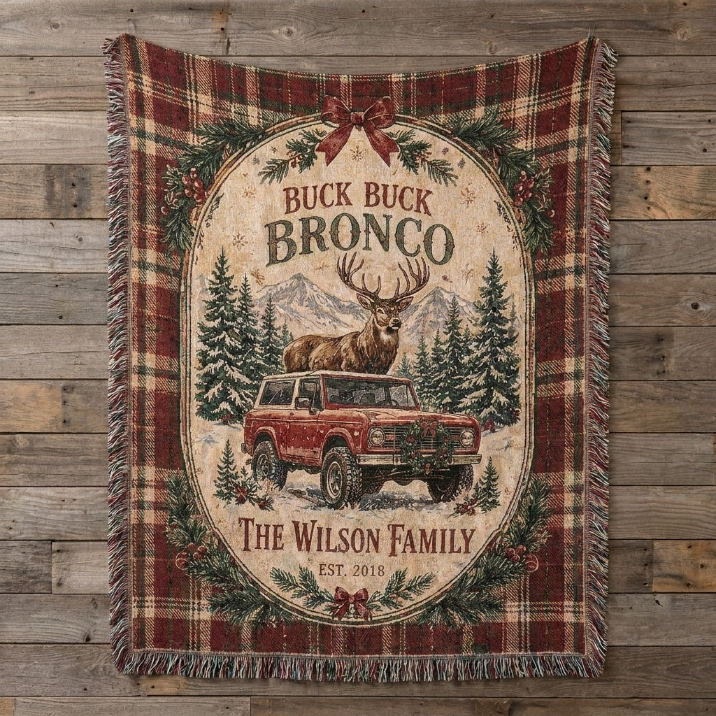 Custom Buck Buck Bronco Christmas Blanket, Personalized Family Name Woven Throw, Rustic Western Holiday Decor