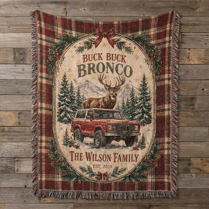 Custom Buck Buck Bronco Christmas Blanket, Personalized Family Name Woven Throw, Rustic Western Holiday Decor