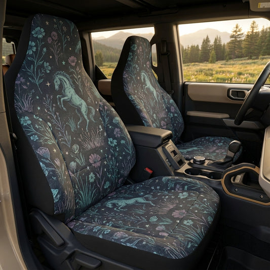 Boho Bronco Car Seat Covers, Vintage Horse & Wildflower Print, Western 4x4 Interior Accessories