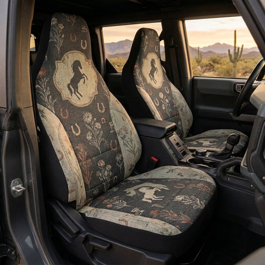 Western Bronco Car Seat Covers, Horse & Horseshoe Print, Rustic Cowboy 4x4 Interior