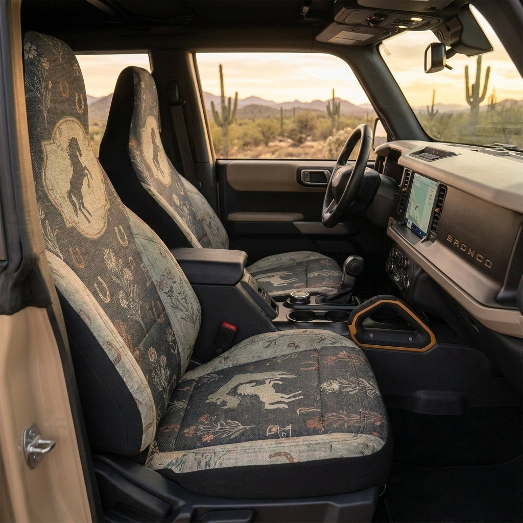 Western Bronco Car Seat Covers, Horse & Horseshoe Print, Rustic Cowboy 4x4 Interior