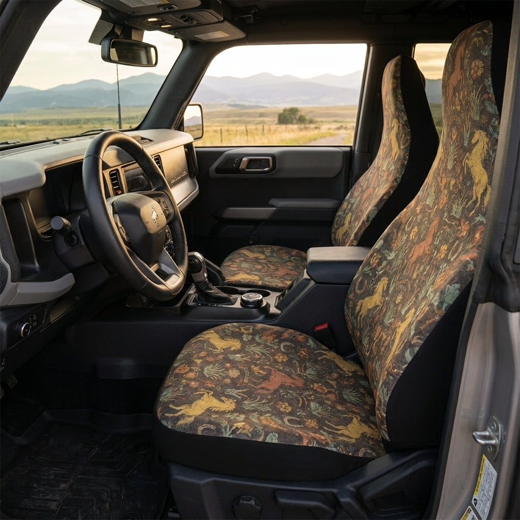 Western Bronco Car Seat Covers, Horseshoe & Horse Print, Rustic Cowboy Interior Accessories