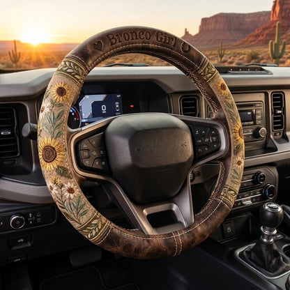 Bronco Girl Sunflower Steering Wheel Cover