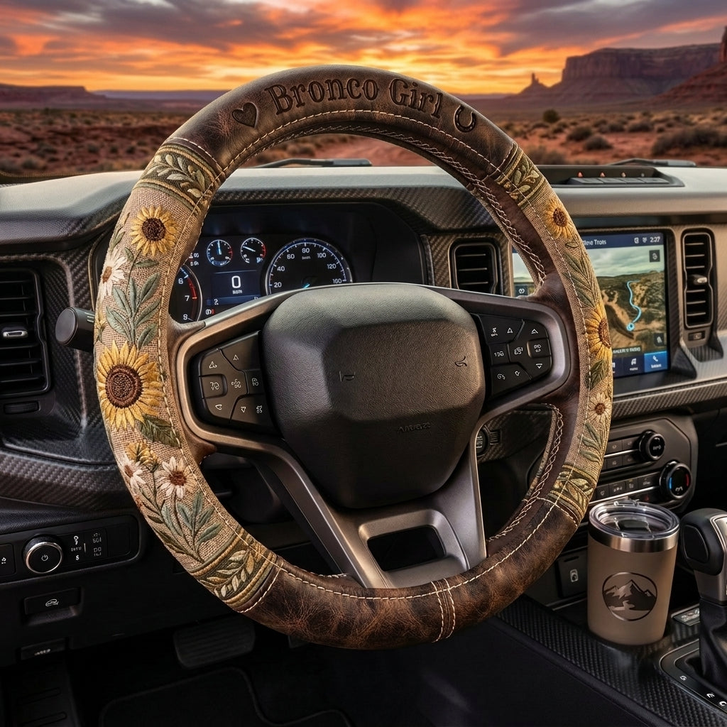 Bronco Girl Sunflower Steering Wheel Cover