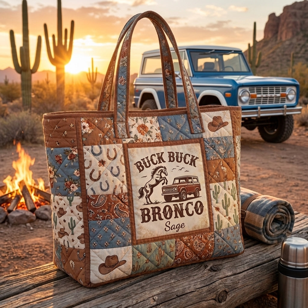 Personalized Buck Buck Bronco Quilted Tote Bag, Western Horse & Cowboy Patchwork Bag, Rustic Ranch Carryall