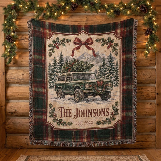 Personalized Bronco Woven Blanket, Custom Family Name Christmas Throw, Vintage Western Cabin Holiday Decor
