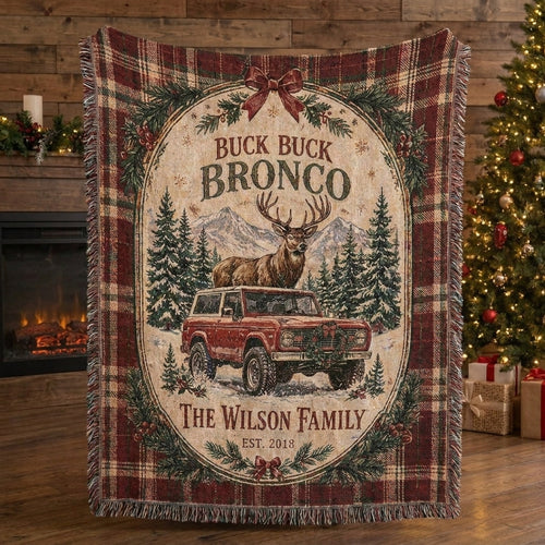Custom Buck Buck Bronco Christmas Blanket, Personalized Family Name Woven Throw, Rustic Western Holiday Decor