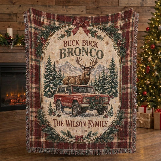 Custom Buck Buck Bronco Christmas Blanket, Personalized Family Name Woven Throw, Rustic Western Holiday Decor