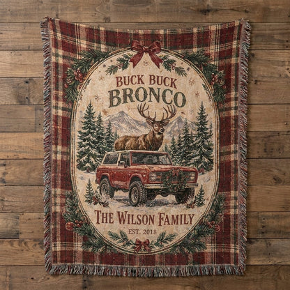 Custom Buck Buck Bronco Christmas Blanket, Personalized Family Name Woven Throw, Rustic Western Holiday Decor