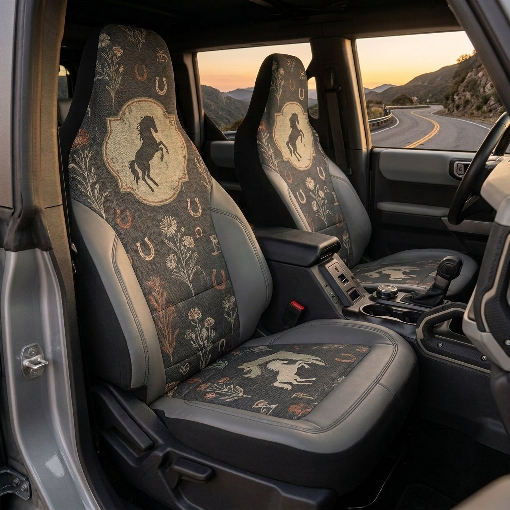 Western Bronco Car Seat Covers, Horse & Horseshoe Print, Rustic Cowboy 4x4 Interior