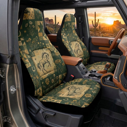 Boho Bronco Car Seat Covers, Western Horse & Wildflower Print, Rustic 4x4 Interior Accessories