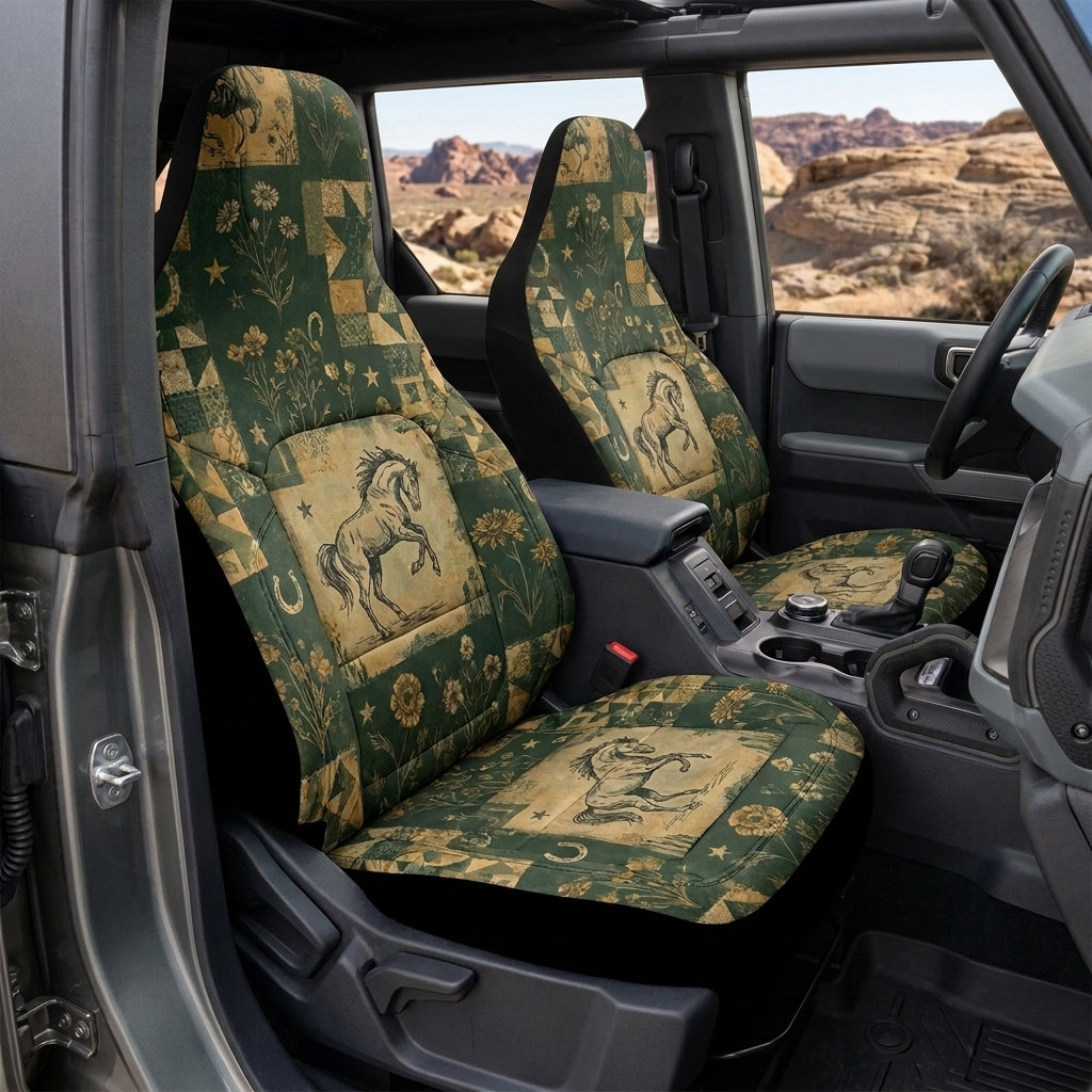 Boho Bronco Car Seat Covers, Western Horse & Wildflower Print, Rustic 4x4 Interior Accessories