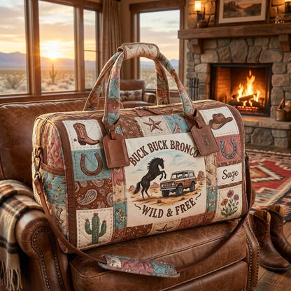 Buck Buck Bronco Quilted Duffle Bag, Wild & Free Western Horse Travel Bag, Cowboy Weekender Bag