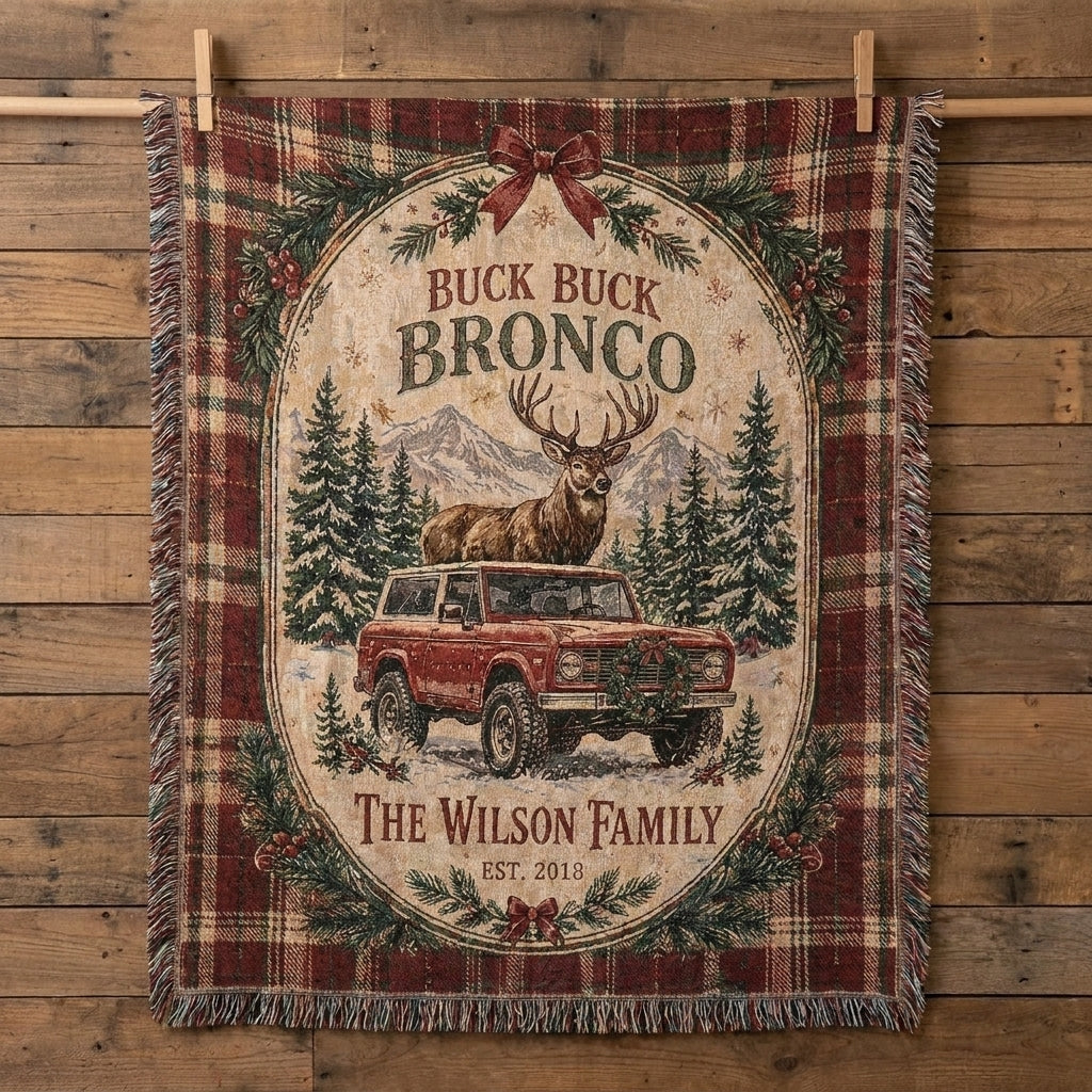 Custom Buck Buck Bronco Christmas Blanket, Personalized Family Name Woven Throw, Rustic Western Holiday Decor