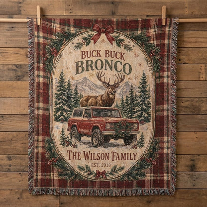 Custom Buck Buck Bronco Christmas Blanket, Personalized Family Name Woven Throw, Rustic Western Holiday Decor