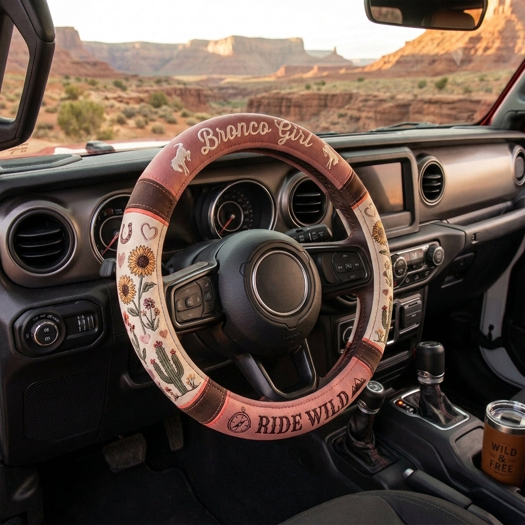 Bronco Girl Ride Wild Steering Wheel Cover