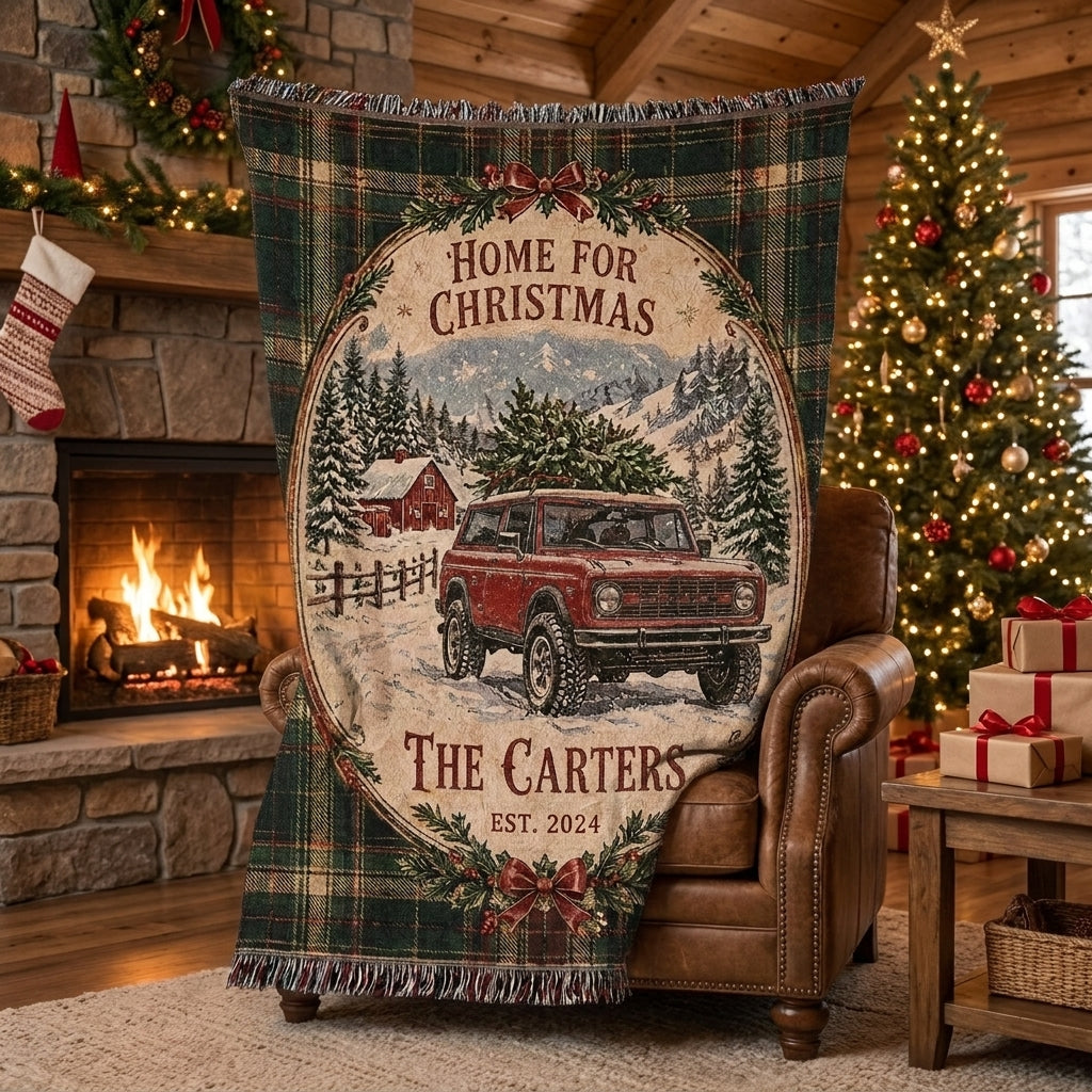 Home for Christmas Bronco Woven Blanket, Custom Family Name Buck Buck Bronco Blanket, Rustic Holiday Home Decor