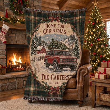 Home for Christmas Bronco Woven Blanket, Custom Family Name Buck Buck Bronco Blanket, Rustic Holiday Home Decor