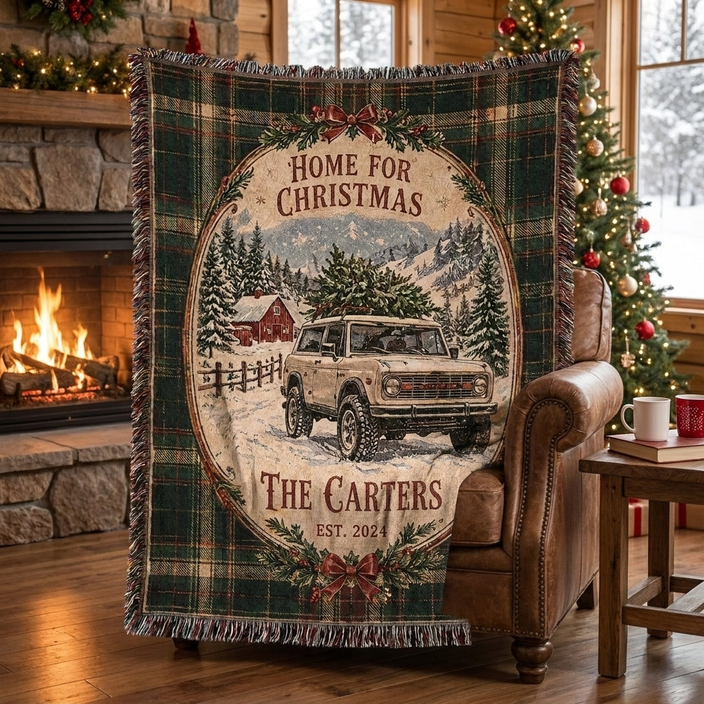 Home for Christmas Bronco Woven Blanket, Custom Family Name Buck Buck Bronco Blanket, Rustic Holiday Home Decor