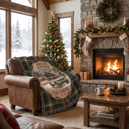 Home for Christmas Bronco Woven Blanket, Custom Family Name Buck Buck Bronco Blanket, Rustic Holiday Home Decor