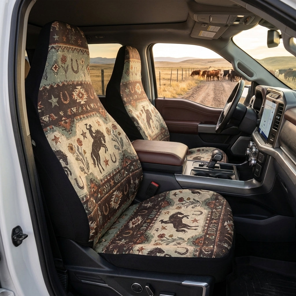 Cowboy Bronco Car Seat Covers, Horse & Wildflower Western Pattern, Seat Covers