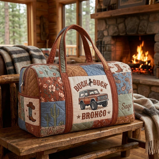 Buck Buck Bronco Quilted Duffle Bag, Personalized Western Cowboy Travel Bag, Horse & Bronco Weekender