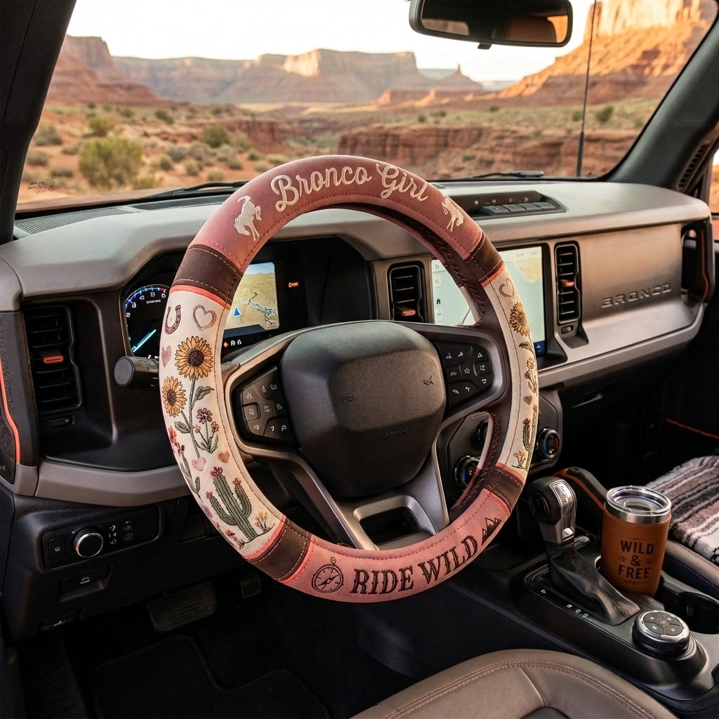Bronco Girl Ride Wild Steering Wheel Cover