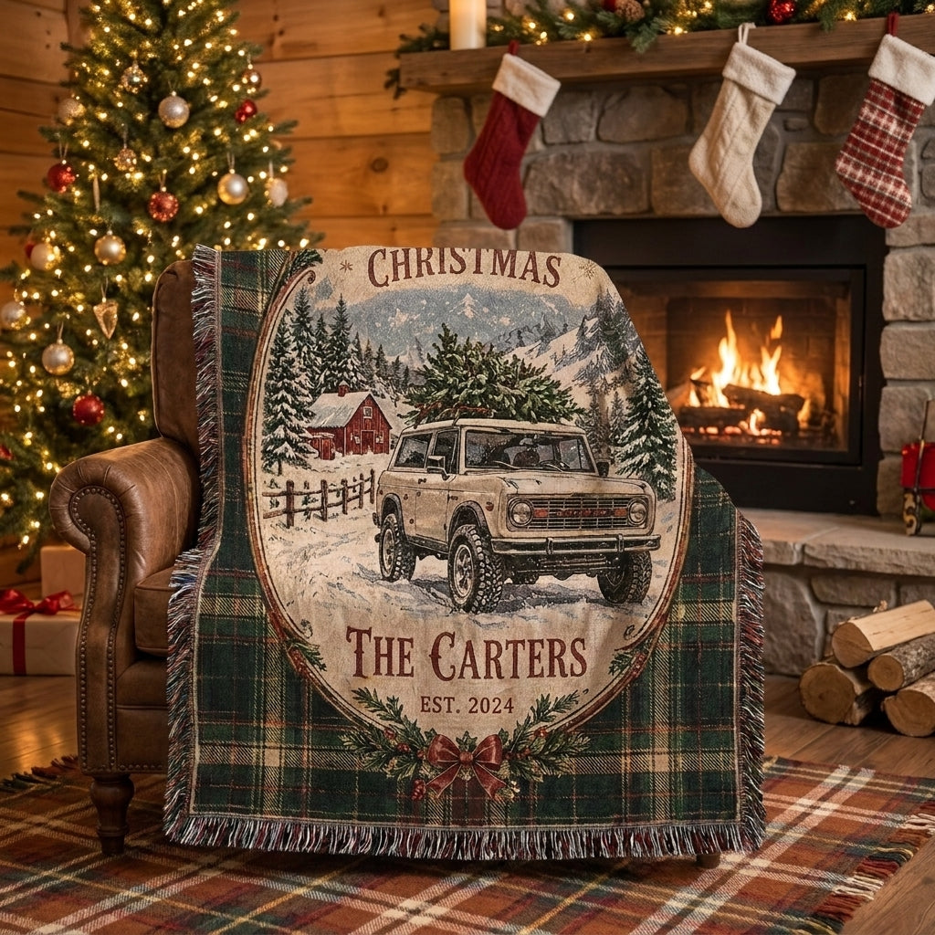 Home for Christmas Bronco Woven Blanket, Custom Family Name Buck Buck Bronco Blanket, Rustic Holiday Home Decor