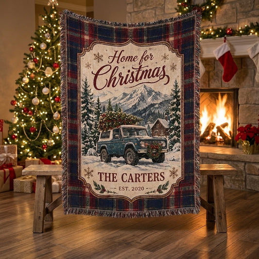 Custom Bronco Christmas Woven Throw Blanket, Personalized Family Name & Year, Rustic Western Holiday Home Decor