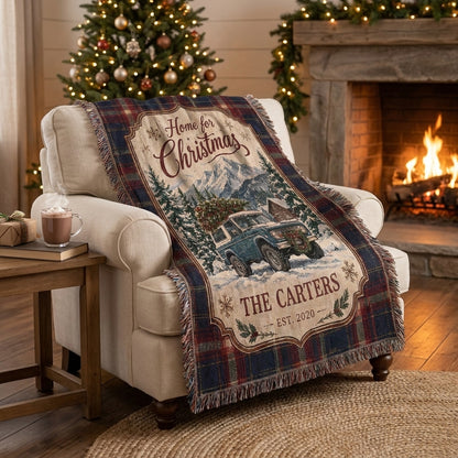Custom Bronco Christmas Woven Throw Blanket, Personalized Family Name & Year, Rustic Western Holiday Home Decor