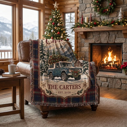 Custom Bronco Christmas Woven Throw Blanket, Personalized Family Name & Year, Rustic Western Holiday Home Decor