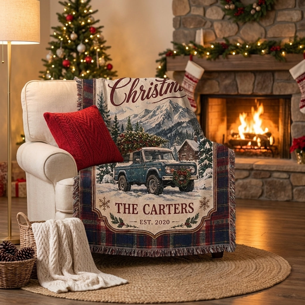 Custom Bronco Christmas Woven Throw Blanket, Personalized Family Name & Year, Rustic Western Holiday Home Decor
