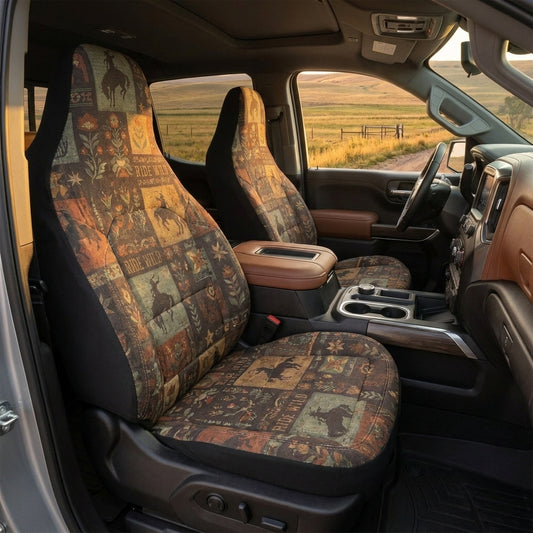 Western Bronco Car Seat Covers, Vintage Horse & Wildflower Print, Rustic 4x4 Interior Accessories