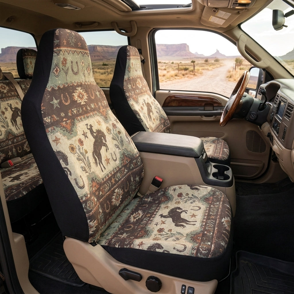 Cowboy Bronco Car Seat Covers, Horse & Wildflower Western Pattern, Seat Covers