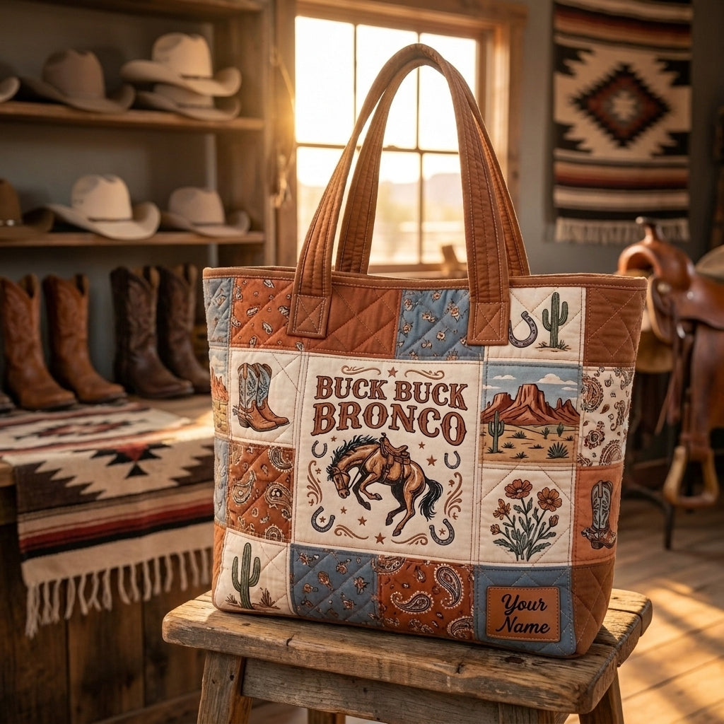 Personalized Buck Buck Bronco Quilted Tote Bag, Western Cowboy Horse Patchwork Bag, Rustic Ranch Carryall