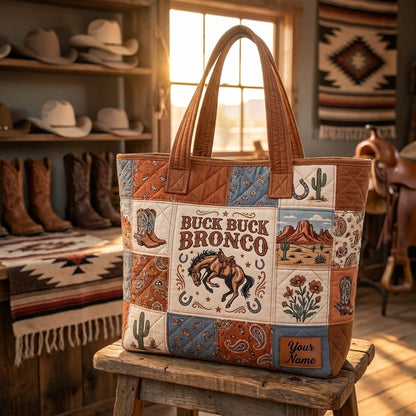 Personalized Buck Buck Bronco Quilted Tote Bag, Western Cowboy Horse Patchwork Bag, Rustic Ranch Carryall