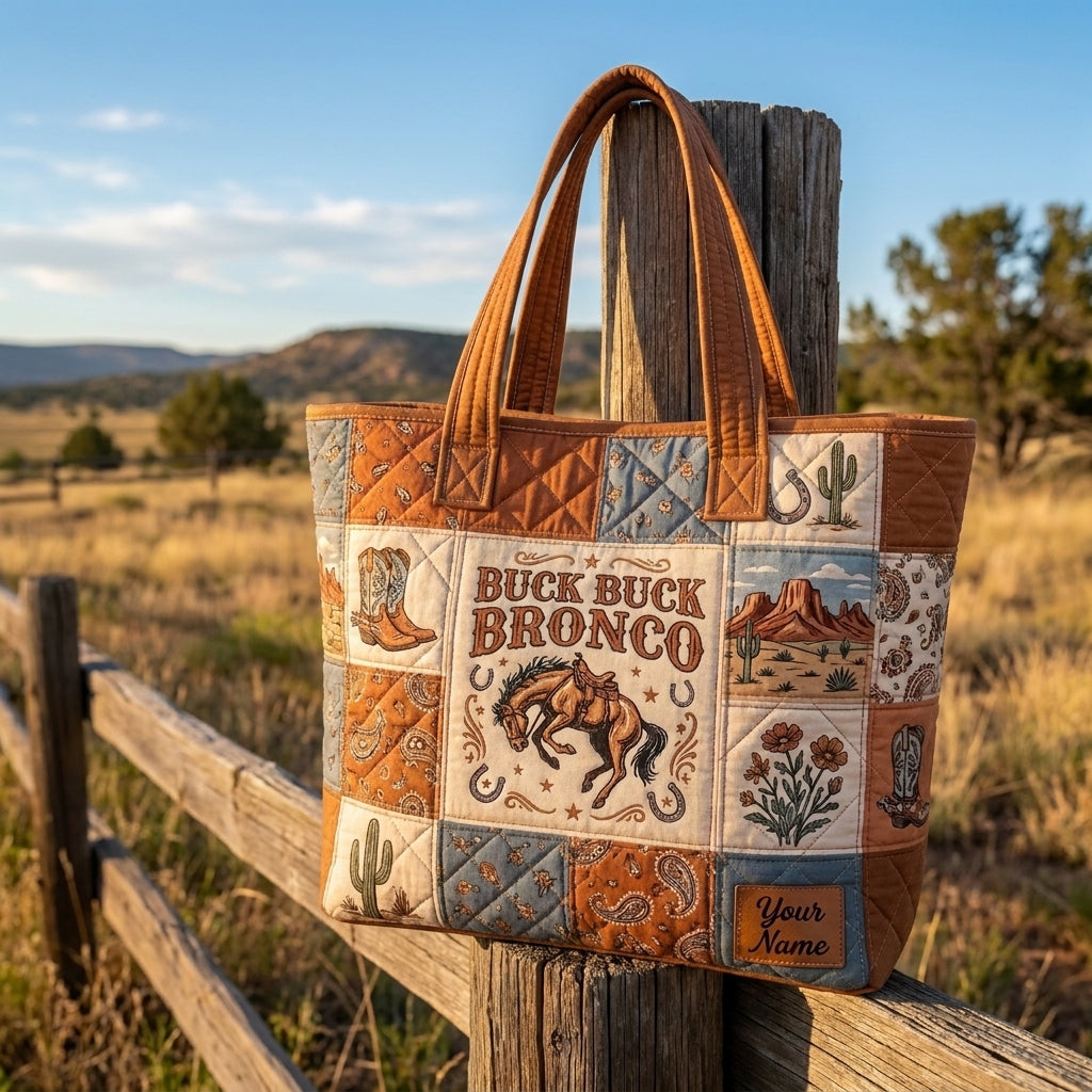 Personalized Buck Buck Bronco Quilted Tote Bag, Western Cowboy Horse Patchwork Bag, Rustic Ranch Carryall