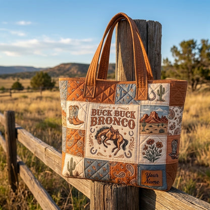Personalized Buck Buck Bronco Quilted Tote Bag, Western Cowboy Horse Patchwork Bag, Rustic Ranch Carryall