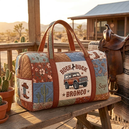 Buck Buck Bronco Quilted Duffle Bag, Personalized Western Cowboy Travel Bag, Horse & Bronco Weekender