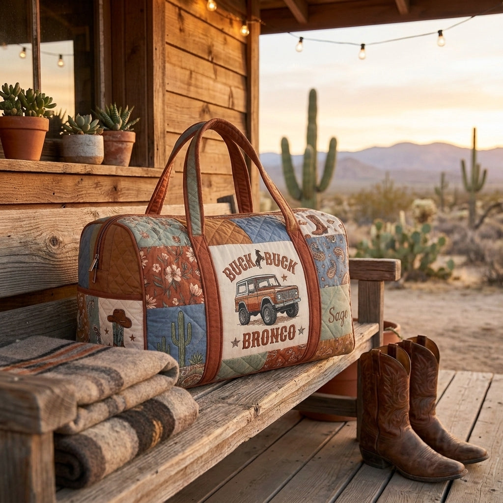 Buck Buck Bronco Quilted Duffle Bag, Personalized Western Cowboy Travel Bag, Horse & Bronco Weekender