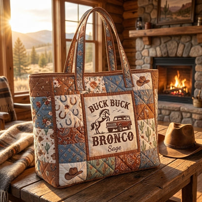Personalized Buck Buck Bronco Quilted Tote Bag, Western Horse & Cowboy Patchwork Bag, Rustic Ranch Carryall