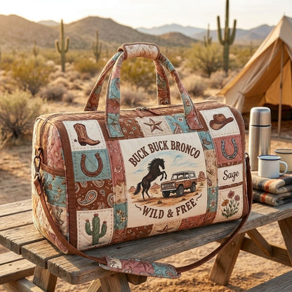 Buck Buck Bronco Quilted Duffle Bag, Wild & Free Western Horse Travel Bag, Cowboy Weekender Bag