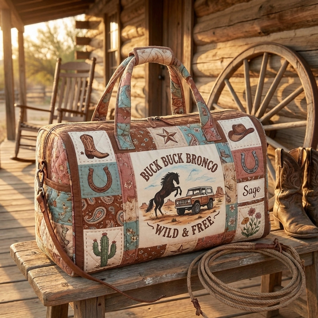 Buck Buck Bronco Quilted Duffle Bag, Wild & Free Western Horse Travel Bag, Cowboy Weekender Bag
