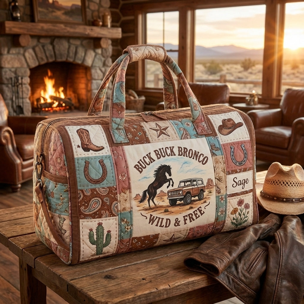 Buck Buck Bronco Quilted Duffle Bag, Wild & Free Western Horse Travel Bag, Cowboy Weekender Bag