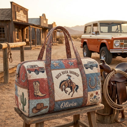 Personalized Buck Buck Bronco Quilted Duffle Bag, Western Cowboy Horse Travel Bag, Rustic Weekender