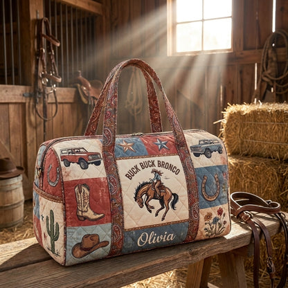 Personalized Buck Buck Bronco Quilted Duffle Bag, Western Cowboy Horse Travel Bag, Rustic Weekender