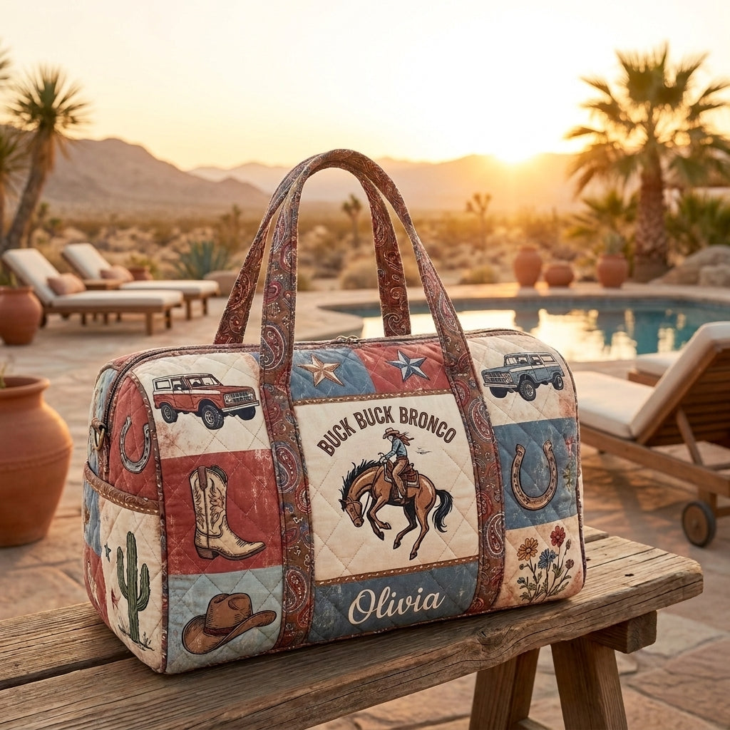 Personalized Buck Buck Bronco Quilted Duffle Bag, Western Cowboy Horse Travel Bag, Rustic Weekender