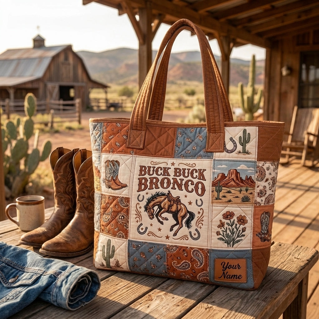 Personalized Buck Buck Bronco Quilted Tote Bag, Western Cowboy Horse Patchwork Bag, Rustic Ranch Carryall