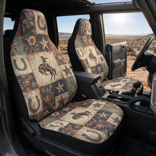 Vintage Bronco Car Seat Covers, Western Horse & Horseshoe Print, Rustic 4x4 Interior Accessories
