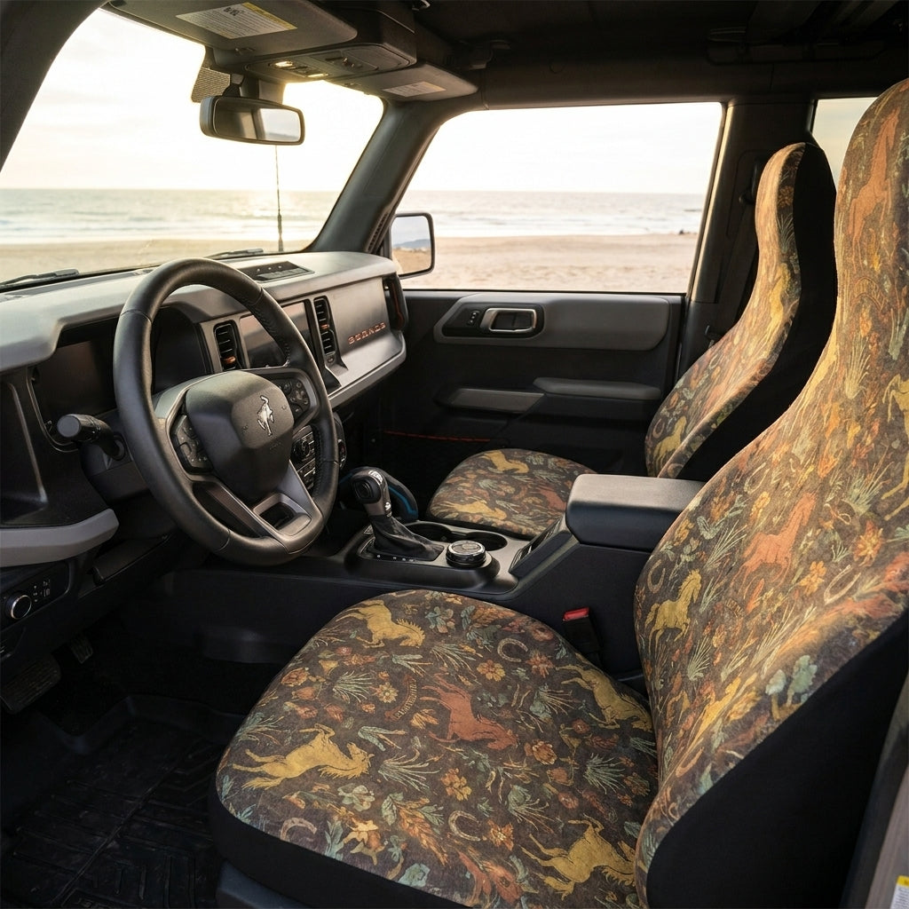 Western Bronco Car Seat Covers, Horseshoe & Horse Print, Rustic Cowboy Interior Accessories